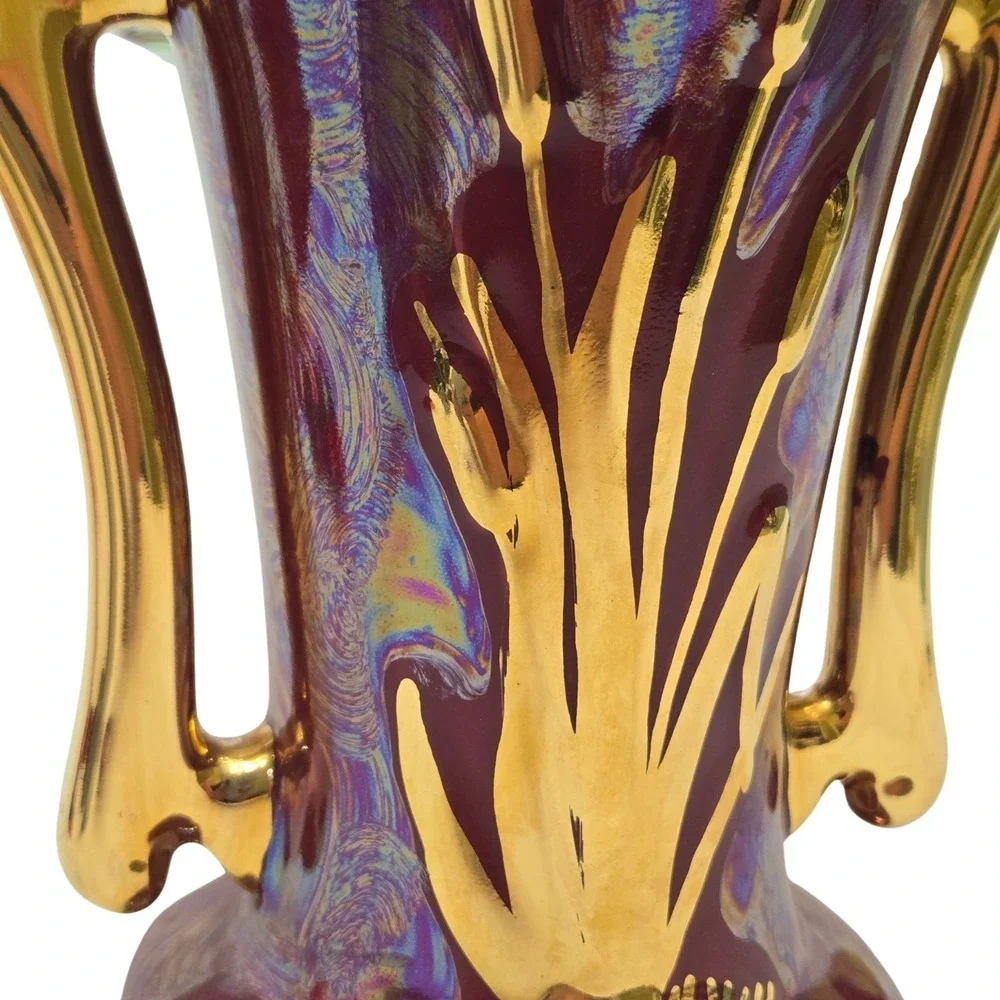 Vintage Burgundy Art Nouveau Vase Iridescent Gloss With 22K Gold Accents - GUC